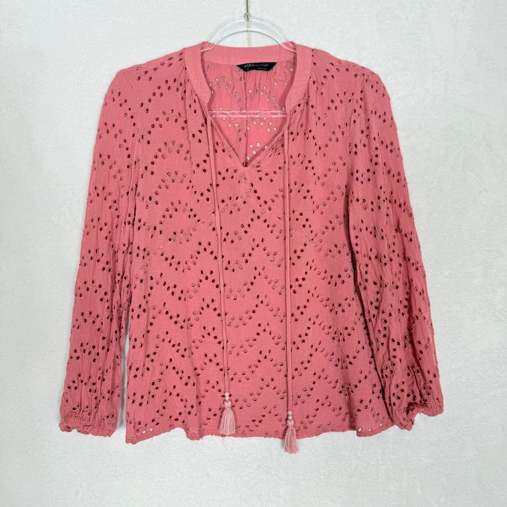 M&S Collection Antique Rose Eyelet Boho Blouse V-Neck Tassel Top Size 6 US 10 UK - Picture 2 of 11